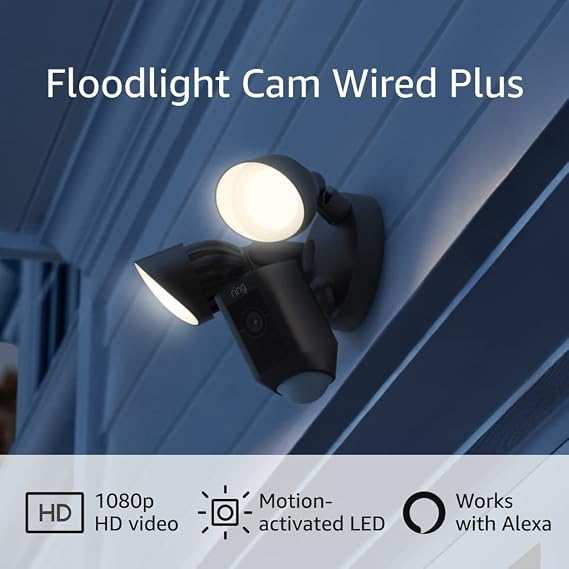 Ring Floodlight Cam Wired Plus with motion-activated 1080p HD video, Black